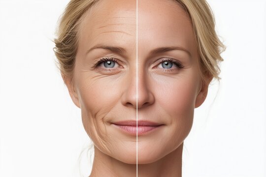 Close-up of a face split showing dramatic reduction of wrinkles and folds. Concept of non-surgical cosmetic enhancement and instant youth effect.