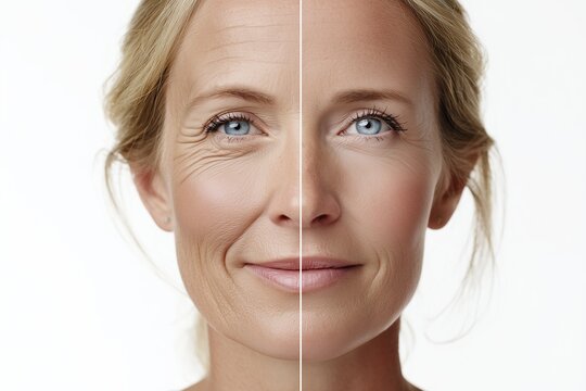 A split portrait showing deep forehead and smile lines versus smooth skin. Concept of total facial rejuvenation, age reversal, and radiant health.