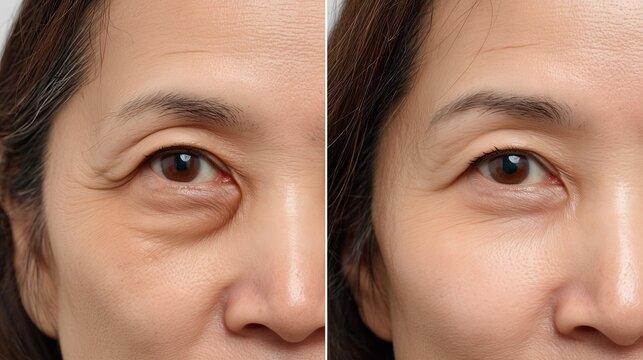 Split view of mature eye area showing wrinkle reduction and firming effect. Concept of laser therapy, fillers, and modern beauty technology.