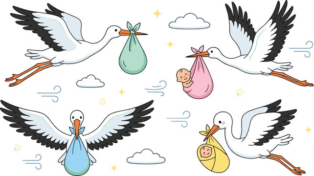 Flying Stork Delivering Newborn Baby Clipart Set with Cute Infants in Colorful Bundles for Baby Shower and Greeting Card Graphic Designs