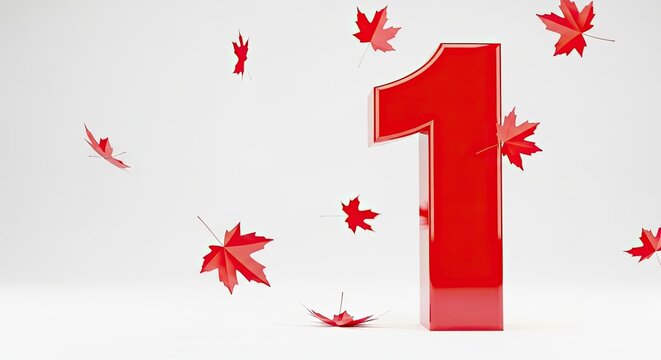 Number one with falling maple leaves autumn concept 3d render