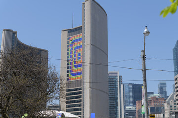 Naklejka premium east tower with World Cup branding at City Hall - looking north on Bay St from intersection of Queen St W, Toronto