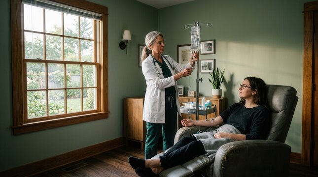 Medical Professional Providing Intravenous Treatment To A Young Female Patient Indoors