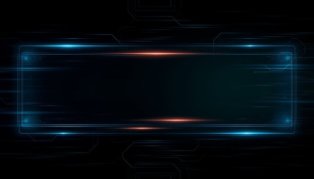 A futuristic neon-lit rectangular frame with blue and red glowing lines on a dark background for digital display or presentation