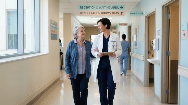 Medical Professional Guides Patient Through Hospital Corridor Towards Consultation Room