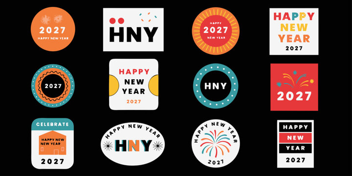 Set of various happy new year 2027 celebration badges and stickers with celebration stickers graphics collection circular typographic elements greeting seasonal fireworks
