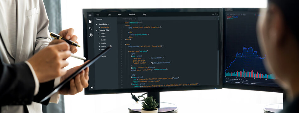 Software development programming on computer screen for brisk application and program coding