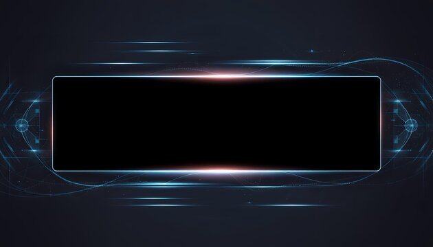 A futuristic black rectangle with a glowing blue and pink neon border on a dark background with abstract light effects