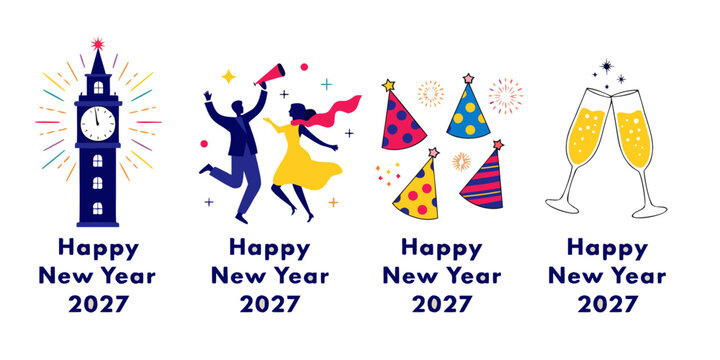 Set of happy new year 2027 graphic elements with big ben clock tower dancing silhouettes party hats and champagne toast celebration champagne fireworks graphics illustration