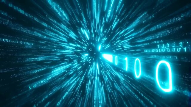 Digital data tunnel with glowing binary code rays converging into a central point, futuristic technology background for sci-fi visuals