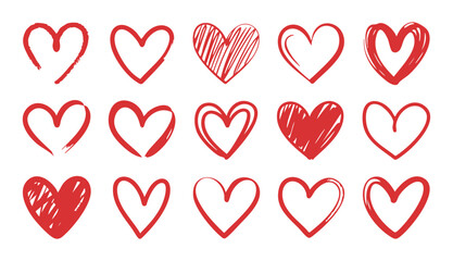 Red hand drawn hearts collection on transparent background for romantic greeting card decorations. © Mohammad