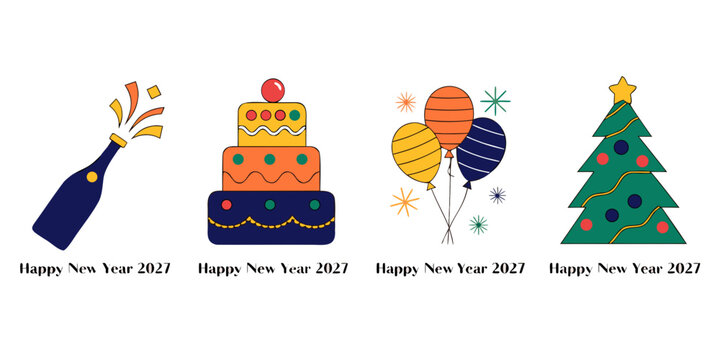 Flat illustration set of happy new year 2027 festive icons featuring champagne popping cake decorated balloons and evergreen tree celebration champagne balloons evergreen