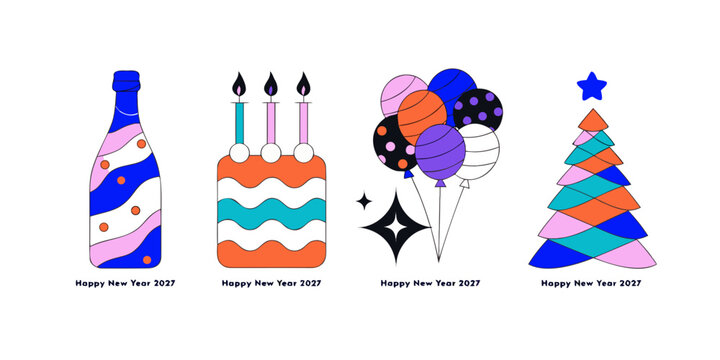 Decorative new year 2027 festive icons set including patterned champagne bottle tiered birthday cake floating balloons geometric christmas tree with celebration, champagne