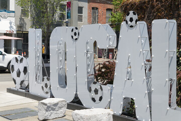 Naklejka premium soccer themed local landmark at southeast corner of Queen St E and Saulter St (near Queen Garden Centre), Toronto