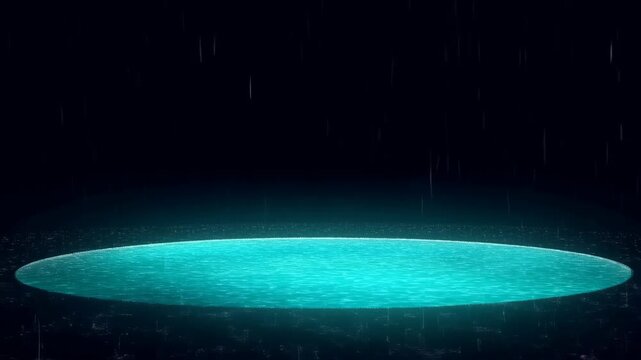 Rain falling into glowing water pools in dark environment with blue light featuring pool, weather, precipitation with droplets and illuminated
