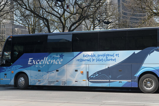 exterior side view of Autocar Excellence / Excellence Charter, a Quebec‑based coach/charter company, parked on Queen St W, near City Hall, Toronto