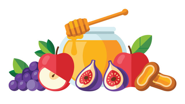 A vibrant digital vector illustration features a glass jar of golden honey with a wooden dipper resting among fresh apples, ripe figs, dark grapes, and dried date fruits.