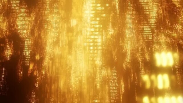 Rain of golden code particles cascading on dark backdrop, glowing digital data streams for futuristic cybersecurity themes