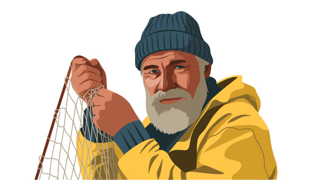 A weathered fisherman wearing a knitted blue beanie and yellow oilskin jacket pulls a white nylon fishing net with his hands against a white background.