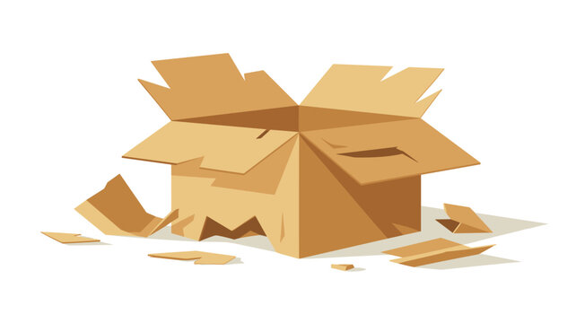 A worn cardboard shipping container with torn flaps and loose debris sits isolated on a blank light surface representing delivery damage and logistics failure.