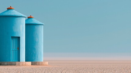 Naklejka premium Two blue cylindrical structures with conical roofs stand on a sandy landscape under a clear blue sky, showcasing a minimalist architectural design in a serene environment