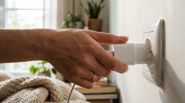 Close up of a woman's hand plugging a white charger adapter into a wall electrical outlet at home
