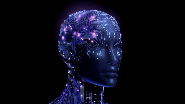Futuristic digital head with glowing circuit patterns evolving in sequence