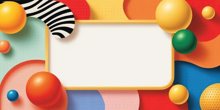 Rectangular frame surrounded by colorful spheres and zebra pattern