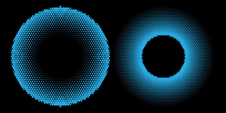 Abstract stipple background. Blue luminous circles. Azure glowing circle. Indigo light ring. Ultramarine sparking particles. Colorful ellipse. Bright border.Holiday illustration.
