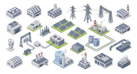 Collection of isometric industrial buildings and power generation facilities. © erviana