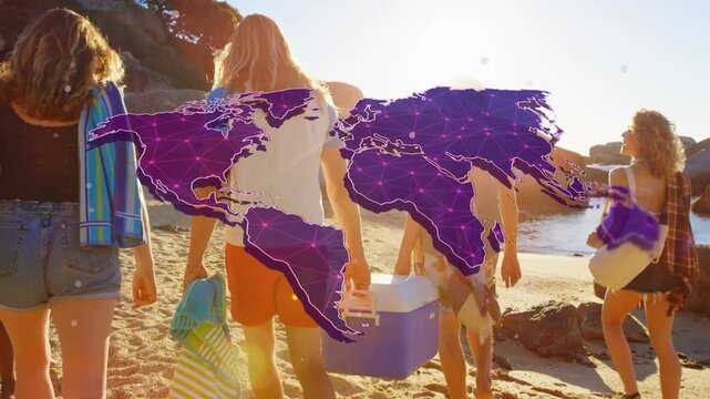 Five friends walking to cove for travel carrying cooler, purple map overlay highlighting nodes