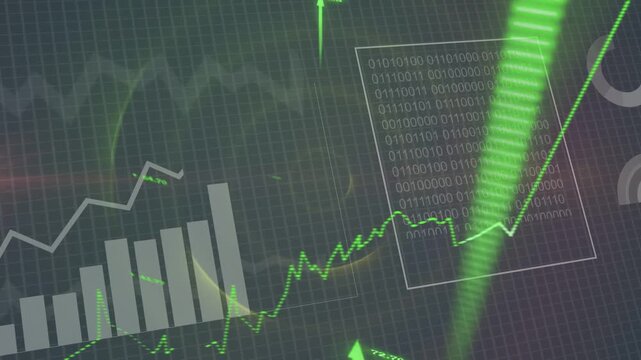 Analytics HUD initiating with COLLECTING DATA panels animating green line and arrows showing growth