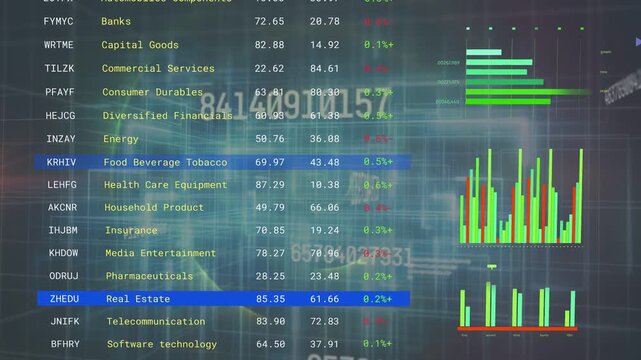 Camera starting dashboard panning as blue rows moving and charts updating showing market trends