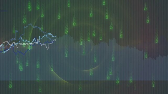 Binary rain starting, central spiral deepening, waveform oscillating, colors shifting to show data