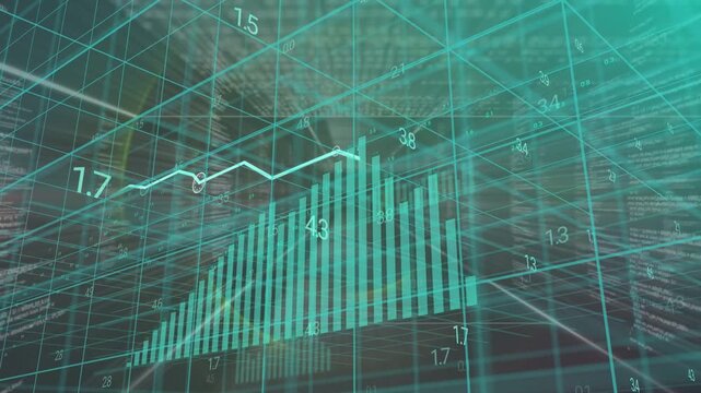 Camera sliding into teal grid, bars emerging and rising, line graph tracking peaks, showing trends