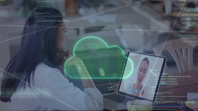 Woman seated viewing laptop remote peer talking causing lines code cloud growing showing cloud tech