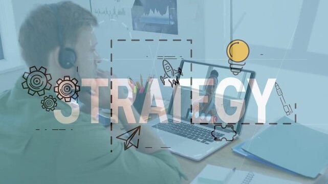 Remote host initiating, man watching laptop while STRATEGY text and gears highlighting for business