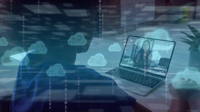 Woman viewing laptop host gesturing as cloud overlay rising hiding clearing screen for remote call