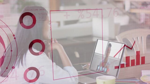 Woman watching laptop while laptop receiving data feed, animating red globe and charts for business