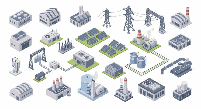 Collection of isometric industrial buildings and power generation facilities.