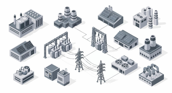 Isometric illustration of industrial factories and power grid infrastructure, representing energy production and distribution.