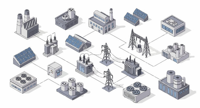Isometric illustration of an industrial power grid system with various power plants and transmission lines.