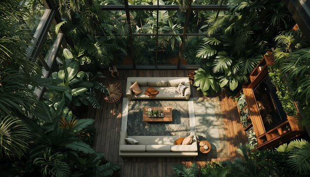 Living room displays a high ceiling interior filled with large tropical plants and comfortable furniture.