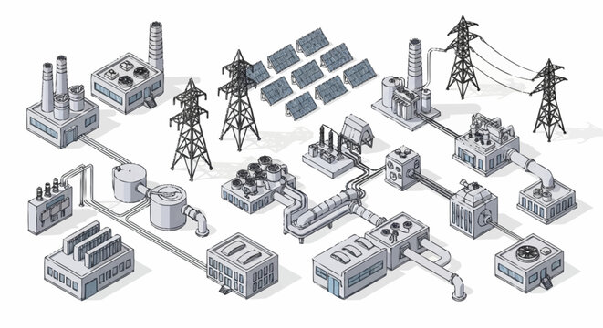 Isometric illustration of a modern power generation plant with solar panels and transmission towers.