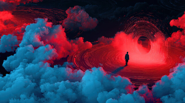 Silhouette of a person facing a glowing data portal in a surreal cloudscape. Concept of future technology, cyberspace exploration, and virtual reality.