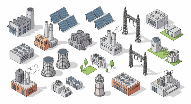 Collection of isometric industrial buildings and power generation elements, including factories, power plants, solar panels, and cooling towers.
