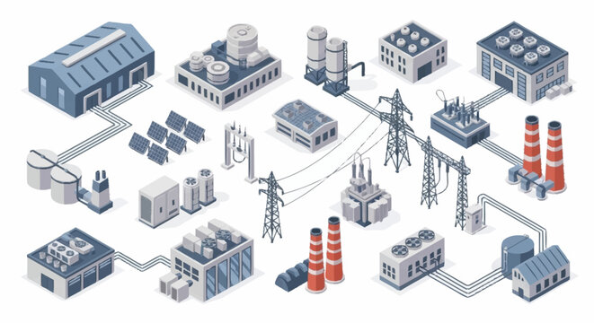 Isometric illustration of various industrial power generation and distribution facilities, including solar panels, power plants, and substations.