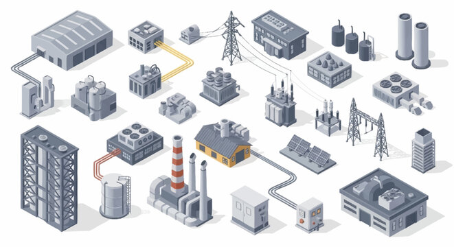 Collection of isometric industrial buildings and power generation elements for energy infrastructure concepts.