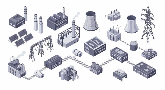 Isometric industrial power plant elements including solar panels, cooling towers, and transmission towers.