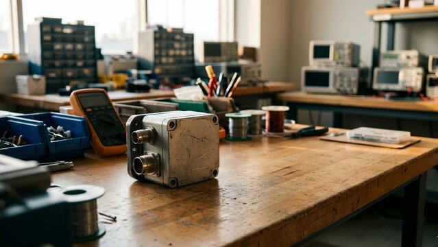 Industrial electronic control box on laboratory workbench for hardware testing